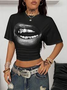 Coolane Women's Casual Lip Print Short Sleeve T-Shirt, Versatile For Daily Wear,Summer Top - Multicolor - View 5
