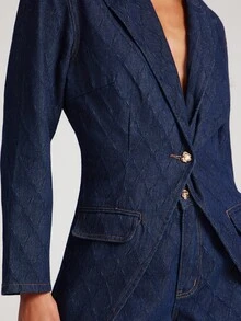 NYA SZN Justine Denim Blazer Top Collared Argyle Textured Easter St. Patricks Day Brunch Casual Everyday Going Out Party Special Occasion Travel Vacation Office Siren Western Country Date Night Elegant Luxury Business Casual Event Everyday Wedding Brunch Office Gyaru Street Style Spring Summer Statement Carnival Bridal Shower Outfits For Women - Dark Wash - View 2