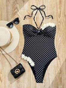 Bonvoyette Bộ đồ bơi liền thân cổ yếm họa tiết chấm bi 3D hoa văn thời trang Xuân/Hè. - Đen và trắng - Xem 5