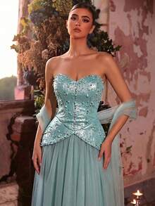 Glamrae Women's Beaded & Rhinestone Decorated Strapless Formal Evening Gown - Mint Green - View 3