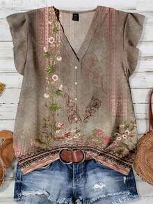 Rusticease 女士V领印花休闲衬衫，适合夏季穿着 - 彩色 - 查看 6