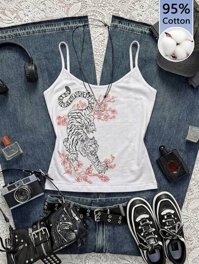 Attitoon 女士虎纹印花休闲吊带背心，95%棉，百搭