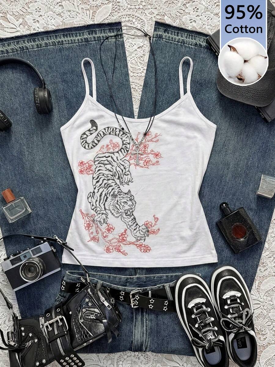 Attitoon 女士虎纹印花休闲吊带背心，95%棉，百搭 - 白色 - 查看 1