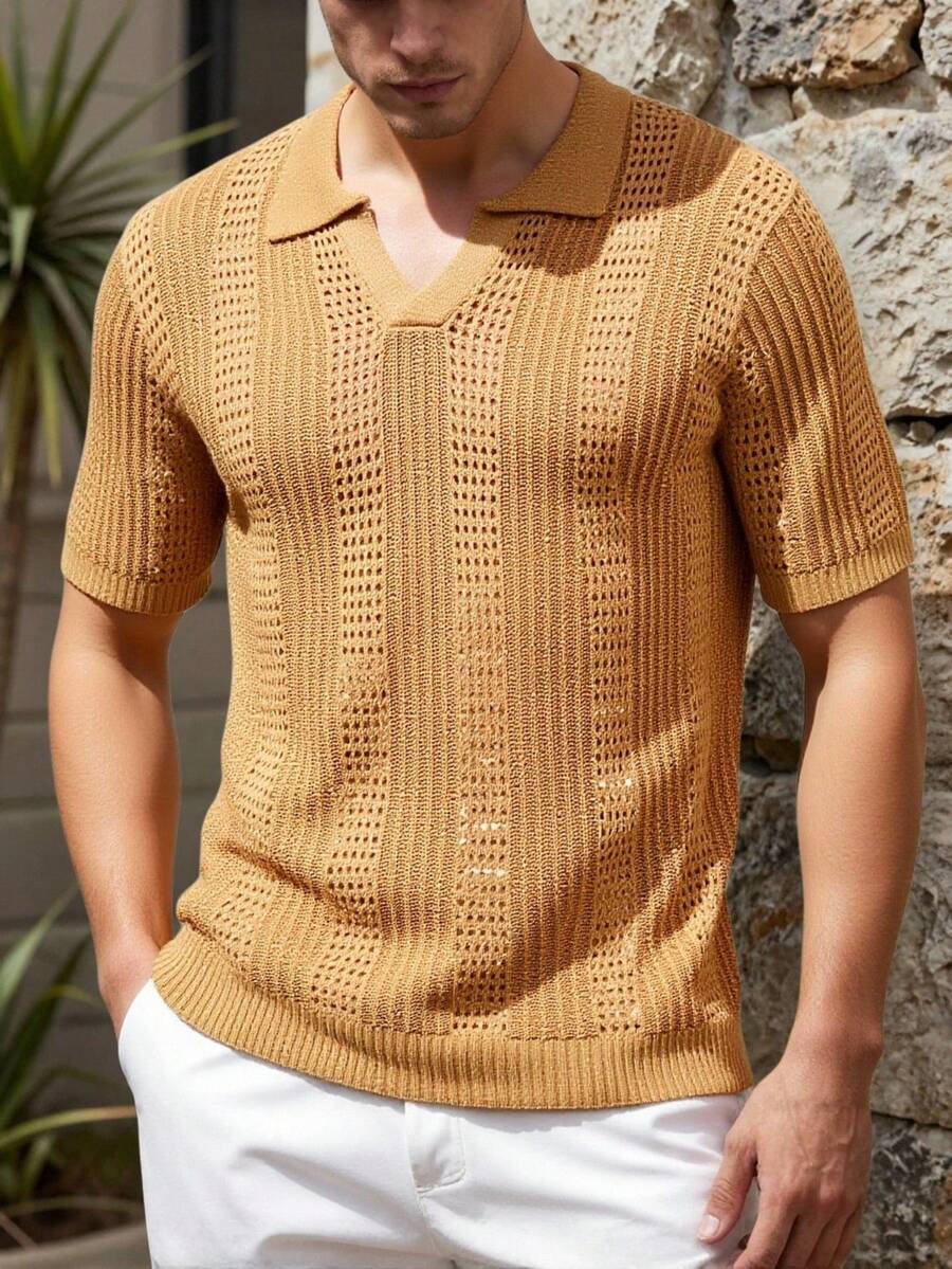 Genlund Men's Solid Color Minimalist Polo Collar Hollow Out Short Sleeve Knit Top - Champagne - View 1