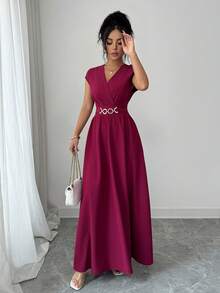 Franclia Vestido de mujer con cuello en V elegante, mangas tipo murciélago, cintura ceñida y bajo acampanado, color rojo cereza, para primavera/verano - Burdeos - Ver 3
