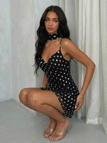 Glamine Sexy Shiny Polka Dot Bodycon Dress - Black and Gold - View 4