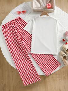 SHEIN 少女夏季休闲领结草莓印花T恤搭配格子裤套装 - 紅色 - 查看 2