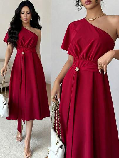 Rafferiza Elegant Sexy Slit Shoulder Ruched A-Line Metallic Decor Midi Dress, Suitable For Daily Wear And Vacation, Spring/Summer