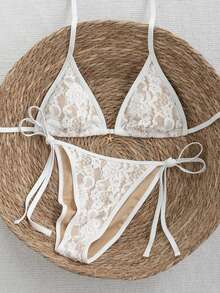 Swim Vcay Bikini Dua Potong Model Liburan Musim Semi/Panas 2026 dengan Motif Bunga Renda Warna-warni, Lapisan Warna Kulit, Tali Bahu Tipis, Model Halter Belakang, Tali Samping, Potongan Tinggi - Krem - View 3