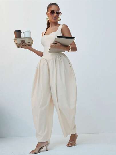 Hauture Women's Sexy Casual Sweetheart Neck Structured Bodice Extra Wide Leg Stretch Jumpsuit, Old Money Aesthetic, Perfect For Summer/Spring, Lightweight Flowy Balloon Pant Fit Jumpsuit For Women, Comfortable Outfit For Women, Minimalist Chic Styling Piece, Corporate Chic