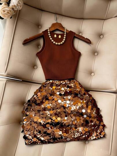 Franclia Women's 2 Piece Outfit - Solid Slim Fit Crew Neck Tank Top & Sequin Mini Skirt Set  Sequin Skirt    Summer   Summer Outfits   Summer Clothes   Summer Outfits For Women   Beach Outfits For Women    Vacation Outfits Women  Holiday Outfits For Women  Summer Holiday Outfits  Vacation Outfits For Women   Beach Vacation Outfits For Women   Elegant Women's Set   Casual Sets For Women Brown Two Piece Set Women Sequin Two Piece Set Bling Dress Bronze Dress Brown Cocktail Dress