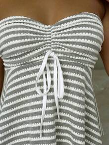 CovetEZ Grey Striped Ruched Bandeau Top, Summer,Summer Top - Multicolor - View 5