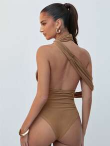 Hauture Women's Coffee Brown Mesh Drape Off Shoulder Bodysuit,Summer,Elegent,Date Night,Old Money Aesthetic,Sophisticated Neckline,Cocktail Party,Minimalist - Khaki - View 2