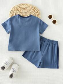 Cozy Pixies 2pcs Baby Boy Contrast Color Knit Soft Round Neck Short Sleeve Top And Elastic Waist Shorts Set - Apricot - View 2