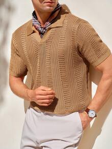 Genlund Men's Solid Color Minimalist Polo Collar Hollow Out Short Sleeve Knit Top - Champagne - View 4