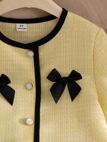 Elladie kids Tween Girl Round Neck Bow Decor Pleated Fashion Party & Casual Dress - Yellow - View 7