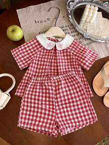 SHEIN Vintaside Kids 2件套女婴新生儿春夏优雅公主风白色绿色彼得潘领荷叶边上衣+短裤套装 - 紅色 - 查看 8
