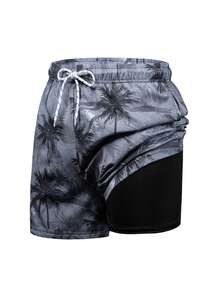 CoralVoy 男士棕榈树印花抽绳腰双层沙滩短裤 - 彩色 - 查看 4