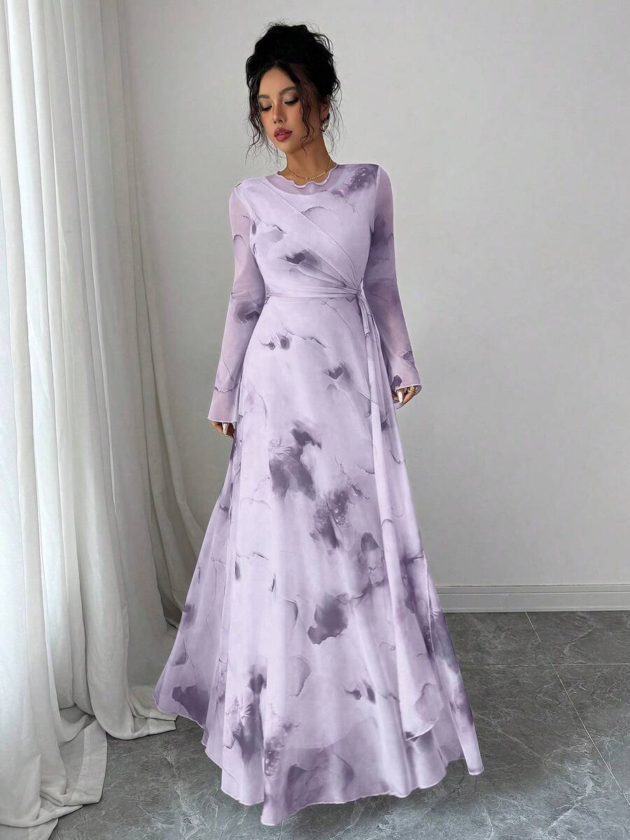 Modelyn Elegant Women's Mauve Purple All Over Print Round Neck Long Sleeve Flared A Line Long Dress - Mauve Purple - View 1