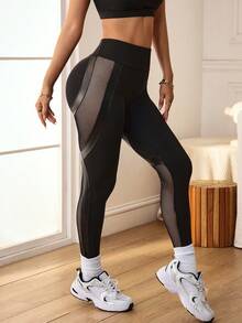 Slayform Hollow Fishnet Patchwork High Waist Sport Leggings - Black - View 6