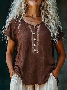 Breezaya Women's Geometric Pattern Button Casual Versatile Daily Wear Short Sleeve Top - Brown - View 4