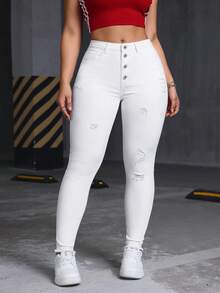 SHEIN Jeanoir Quần jean denim nữ cỡ lớn, có túi và cúc, kiểu dáng rách, thoải mái, đa năng, thích hợp mặc hàng ngày. - trắng - Xem 5