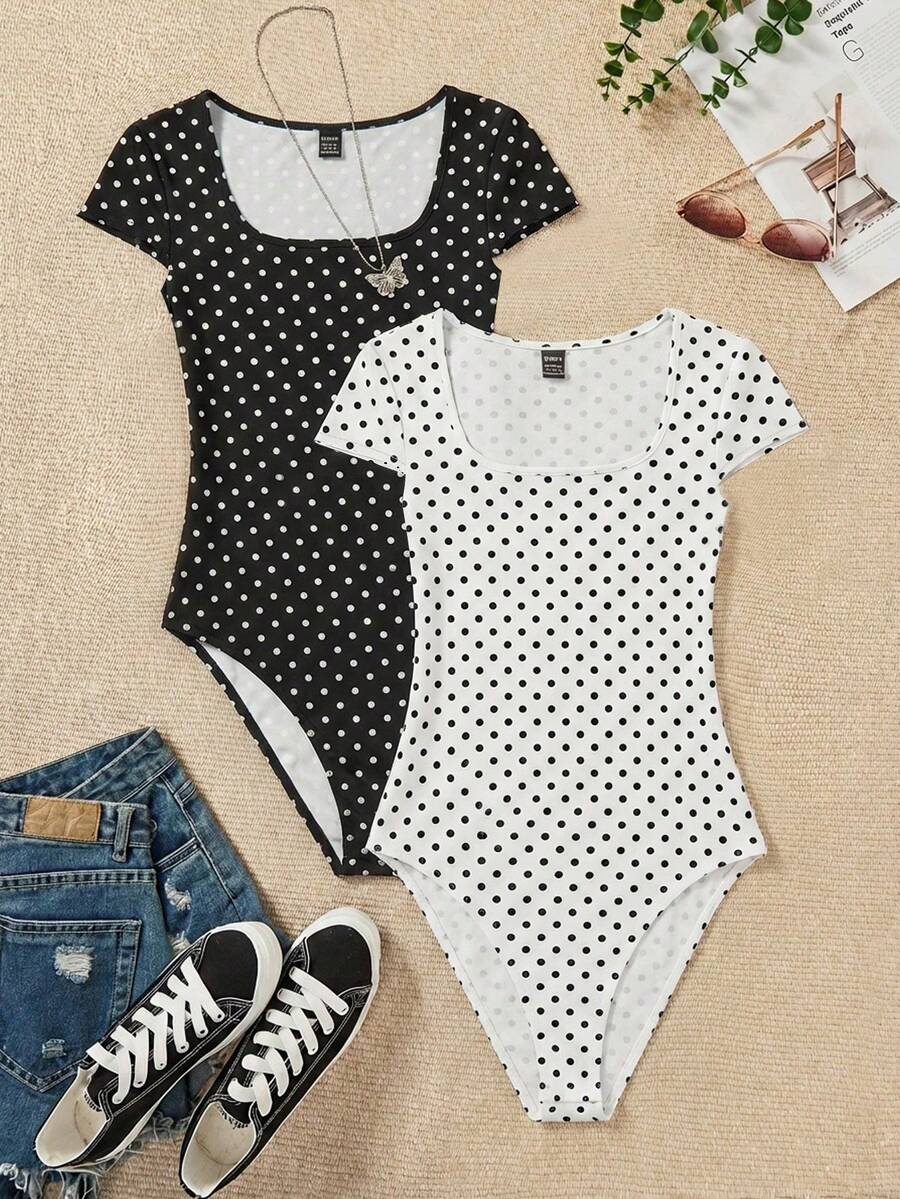 SHEIN EZwear 两件套女士方领复古波点连体衣,杜卡迪圆点图案,休闲简约风,适合夏季穿着 - 彩色 - 查看 1