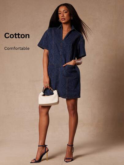 NYA SZN Dress Denim Short Sleeve Seaming Detail Pocket Dark Medium Wash Easter St. Patrick's Day Spring Break Spring Summer Everyday Business Casual Streetwear Event Luxury Cotton Layering Street Style Mini Length Animal Snake Print Outfits For Women