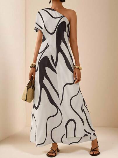 Vesra 女士新款几何图案弧形印花不对称袖宽松飘逸长裙