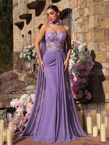 Glamrae Elegant Purple Luxury Romantic Handmade Embroidered Sequin Mermaid Hem High Stretch Mesh Tube Top With Boned Waist Ruched Fishtail Hem (Detachable Halter Included), Suitable For Dates, Vacations, Singles Parties, Weddings, And All Formal Occasions, Women's Evening Gown - Purple - View 6