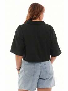 SHEIN EZwear Kích thước lớn Màu thuần Dệt Lỏng lẻo Áo sơ mi - màu đen - Xem 2