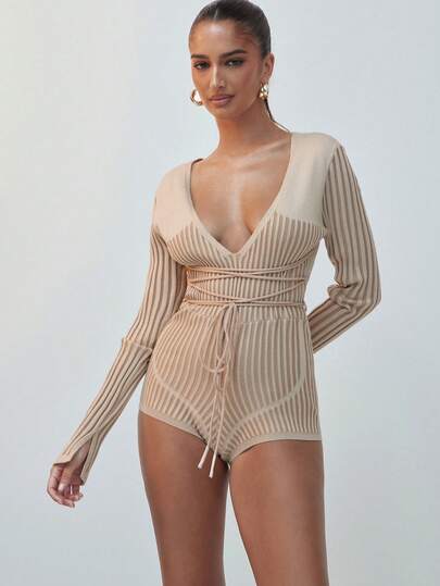 Hauture Long Sleeve Plunge Strappy Waist Playsuit In Contrast Stone Knit, Wide Ribbed, Deep Neck Plunge Bodysuit Style Outfit, Comfortable Layering Piece, Body Shaping Outfit For Women, Casual Office Styling Outfit