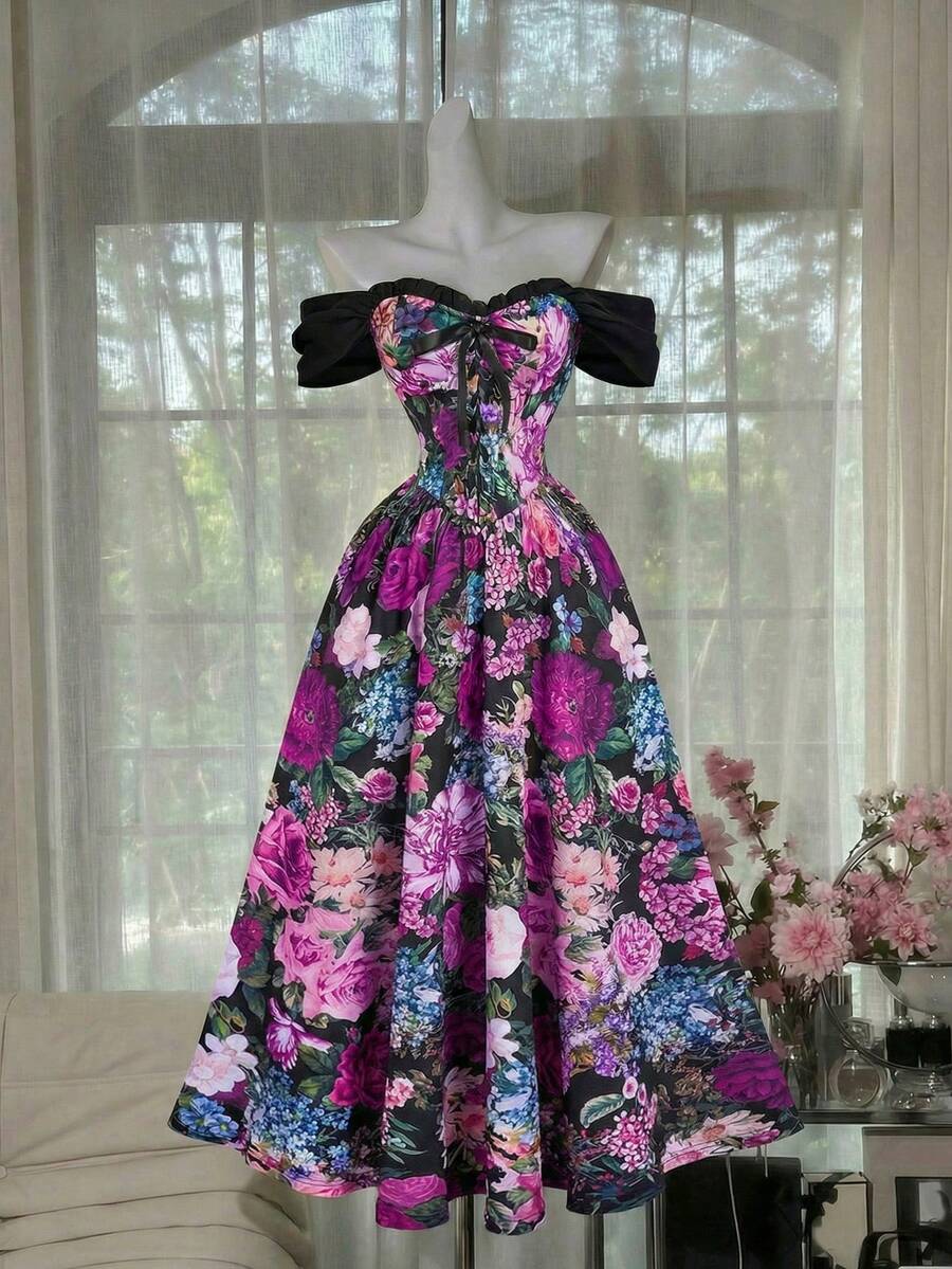 SHEIN MOD 女士印花露肩优雅收腰长款派对连衣裙 - 紫色 - 查看 1
