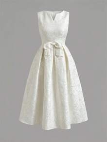 Vestido de verano 2026 de longitud media, sin mangas, de tela jacquard elegante en color albaricoque claro, adecuado para mujeres de 20 a 35+ años para fiestas, vacaciones y cenas formales (estampado aleatorio) - Albaricoque - Ver 6