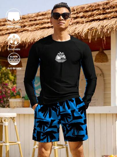 CoralVoy Conjunto de traje de baño casual de vacaciones en la playa con top de manga larga y shorts con estampado de árboles de coco para hombres
