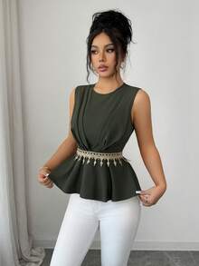 Elenzga Áo kiểu nữ cổ điển thanh lịch màu xanh quân đội, dáng chữ A xếp ly, thắt eo, viền hoa kim loại, phối màu tương phản, ôm sát, thích hợp cho lễ hội, đi làm, hẹn hò, phong cách retro sang trọng hàng ngày, váy nữ xuân/hè màu xanh lá cây nhạt, áo peplum nữ mùa hè, quần áo nữ màu xanh ô liu, áo peplum chất lượng cao, áo không tay nữ, áo nữ mùa hè, áo nữ - xanh quân đội - Xem 7