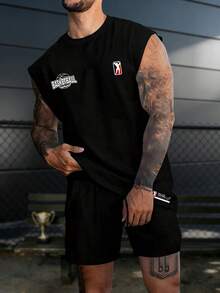 GymBeat Men's Letter Print Round Neck Casual Sports Tank Top - Black - View 1