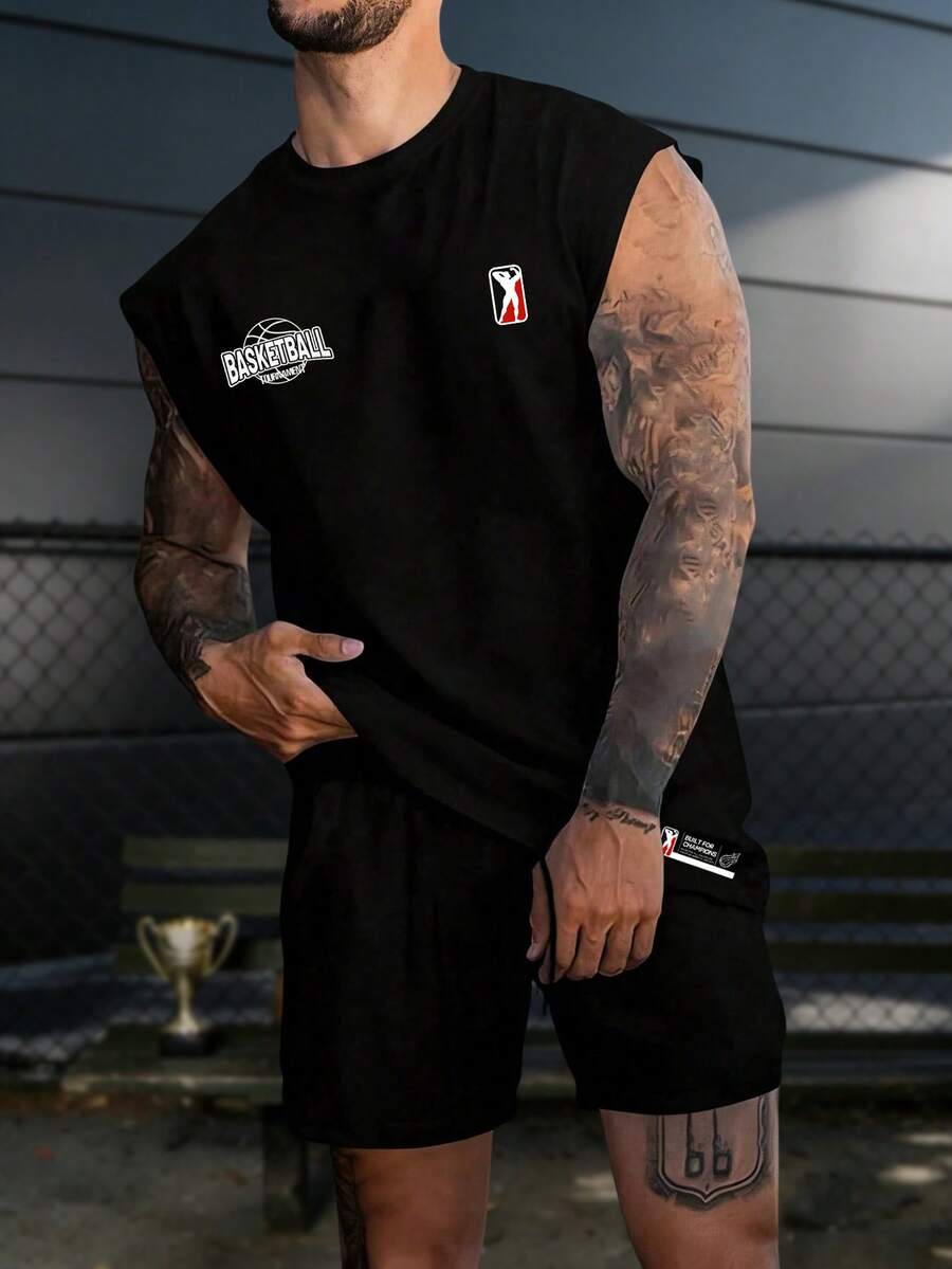 GymBeat Men's Letter Print Round Neck Casual Sports Tank Top - Black - View 1