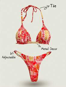 Elavelle Spring Break Women's Solid Color Spaghetti Strap Sexy Bikini Swimwear Set Adjustable Bikini Print Bikini Sets Swimwear Adjustable Bikini Bottom Tie Bikini Top Bikini Sets For Women - Rose Red - View 3