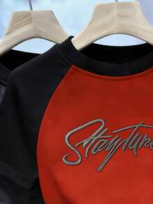 SHEIN Contrast Color Patchwork Letter Embroidery Short Sleeve Thermal T-Shirt - Multicolor - View 4
