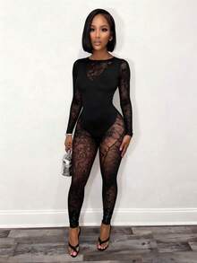 BamGleam Conjunto de top de manga larga y pantalones de malla sexy y de moda para mujer - Negro - Ver 1