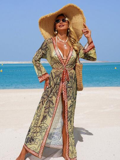 Swim Lushoire 1pc Women's Kimono Cover Up, Beach, Spring/Summer/Autumn, Resort Mature Vintage Romantic Elegant, Green Coconut Tree Placement Print, Long Sleeve Knee Length, Beach Club Bohemian Style