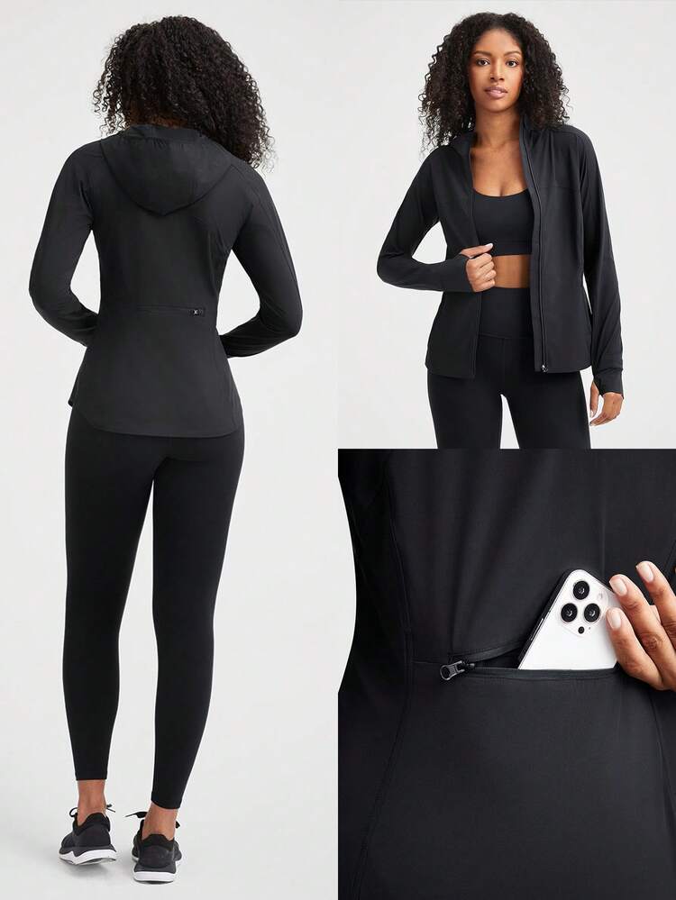 Portable Hooded Jacket Zip Up Pocket Long Sleeve Medium Impact Running Workout Gym