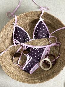 Swim Mod Women's Polka Dot Bow Tie Halter Bikini Set, Summer Holiday Beach 2-Piece - Multicolor - View 4