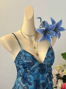 SuriyaCove 女士低领荷叶边腰果印花吊带衫 - 藍色 - 查看 4