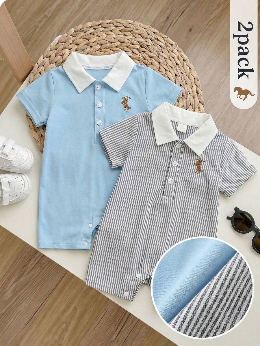 男婴骑士刺绣短袖休闲Polo领连体衣 - 彩色 - 查看 1