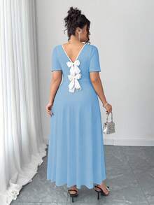 Elenzga 大码女式圆领蝴蝶结装饰时尚派对短袖连衣裙 - 藍色 - 查看 4