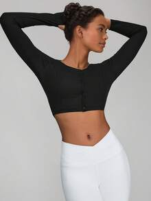 GLOWMODE FeatherFit™-Ribbed Long Sleeve Cardigan Daily Casual - Black - View 8