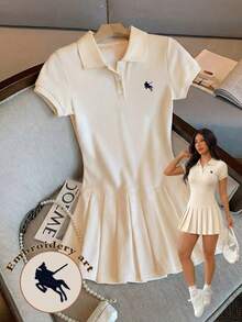 GlowEve Vestido casual de mujer con bordado de caballero y dobladillo plisado, para verano - Beis - Ver 1