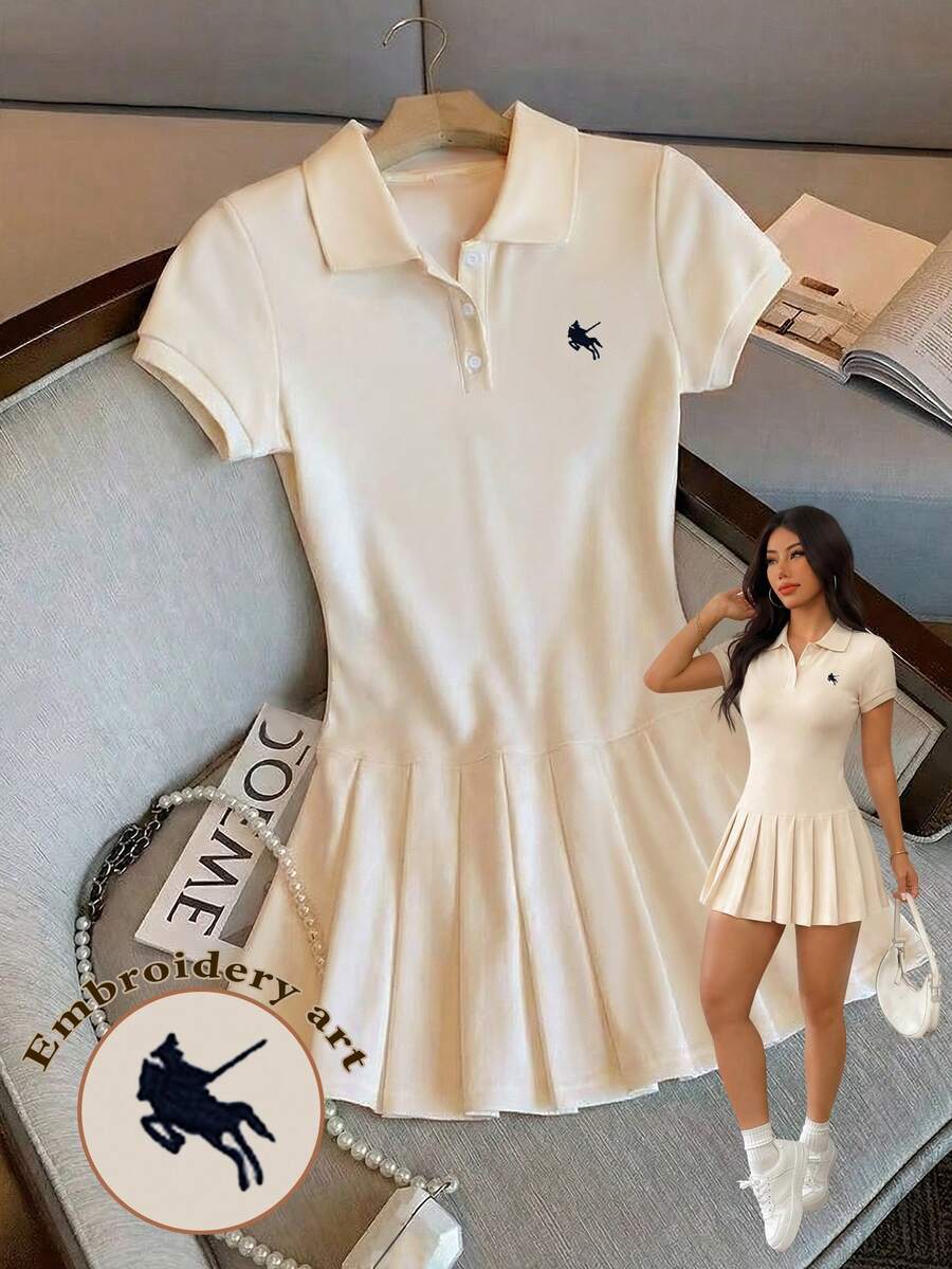 GlowEve Vestido casual de mujer con bordado de caballero y dobladillo plisado, para verano - Beis - Ver 1